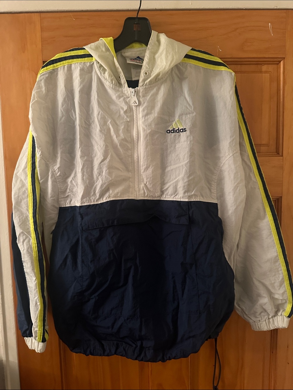 adidas White Navy Windbreaker with Neon Yellow Stripes